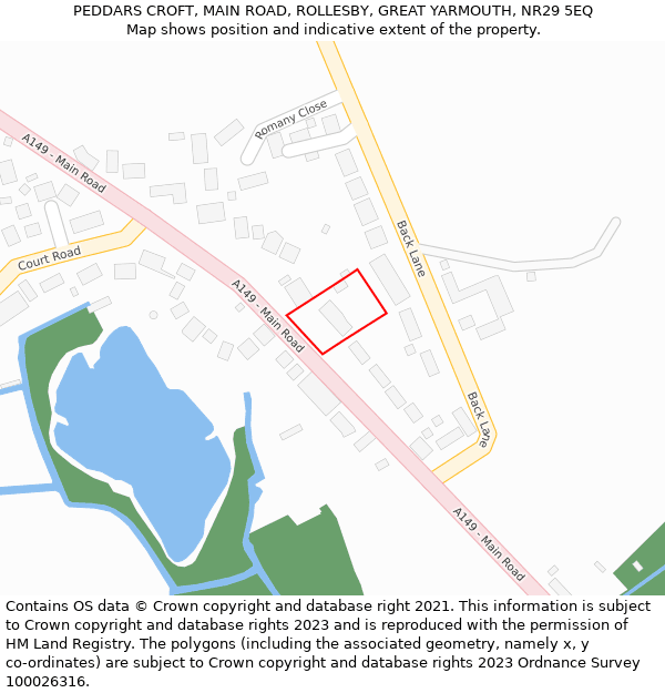 PEDDARS CROFT, MAIN ROAD, ROLLESBY, GREAT YARMOUTH, NR29 5EQ: Location map and indicative extent of plot