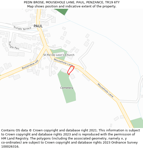 PEDN BROSE, MOUSEHOLE LANE, PAUL, PENZANCE, TR19 6TY: Location map and indicative extent of plot