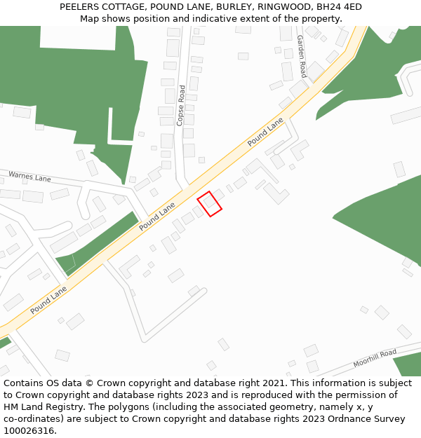 PEELERS COTTAGE, POUND LANE, BURLEY, RINGWOOD, BH24 4ED: Location map and indicative extent of plot