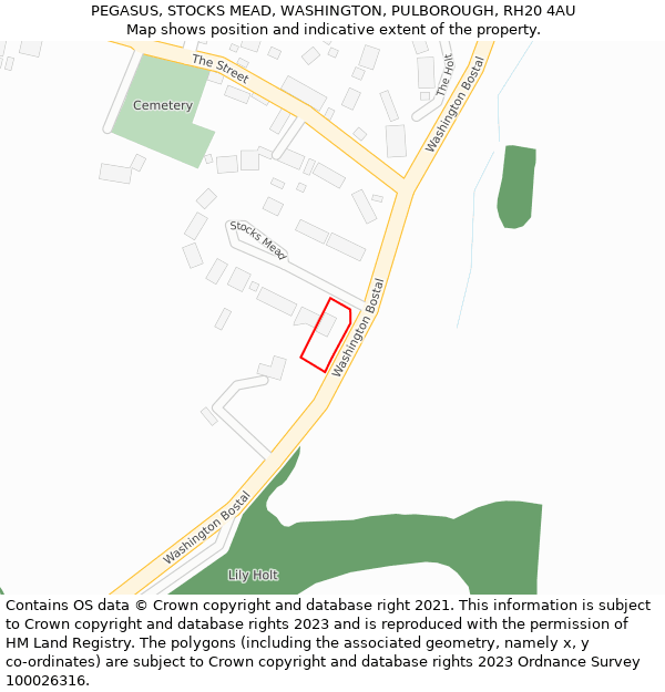 PEGASUS, STOCKS MEAD, WASHINGTON, PULBOROUGH, RH20 4AU: Location map and indicative extent of plot