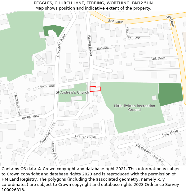 PEGGLES, CHURCH LANE, FERRING, WORTHING, BN12 5HN: Location map and indicative extent of plot