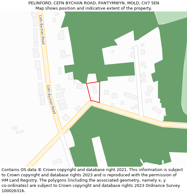 PELINFORD, CEFN BYCHAN ROAD, PANTYMWYN, MOLD, CH7 5EN: Location map and indicative extent of plot