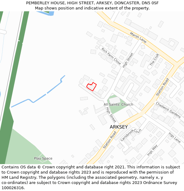 PEMBERLEY HOUSE, HIGH STREET, ARKSEY, DONCASTER, DN5 0SF: Location map and indicative extent of plot