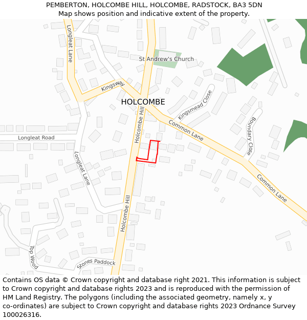 PEMBERTON, HOLCOMBE HILL, HOLCOMBE, RADSTOCK, BA3 5DN: Location map and indicative extent of plot
