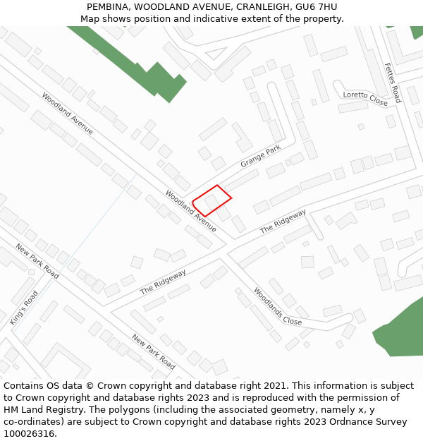 PEMBINA, WOODLAND AVENUE, CRANLEIGH, GU6 7HU: Location map and indicative extent of plot