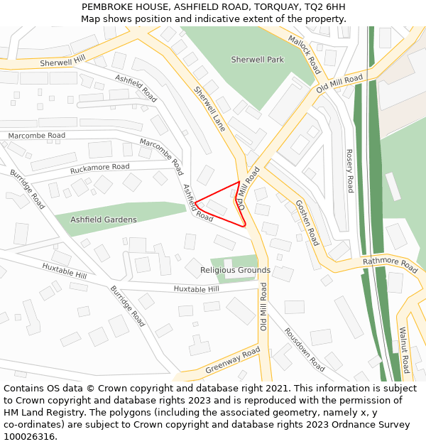 PEMBROKE HOUSE, ASHFIELD ROAD, TORQUAY, TQ2 6HH: Location map and indicative extent of plot
