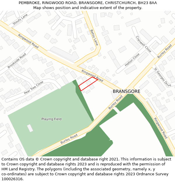 PEMBROKE, RINGWOOD ROAD, BRANSGORE, CHRISTCHURCH, BH23 8AA: Location map and indicative extent of plot