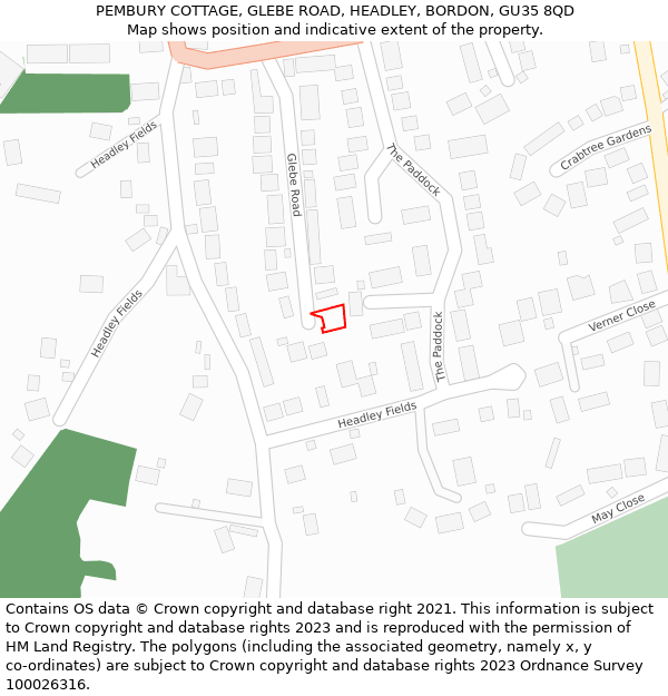 PEMBURY COTTAGE, GLEBE ROAD, HEADLEY, BORDON, GU35 8QD: Location map and indicative extent of plot
