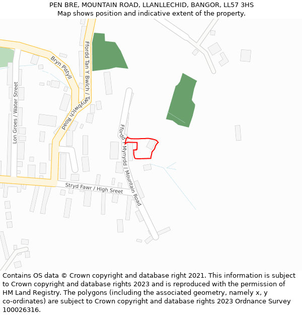 PEN BRE, MOUNTAIN ROAD, LLANLLECHID, BANGOR, LL57 3HS: Location map and indicative extent of plot