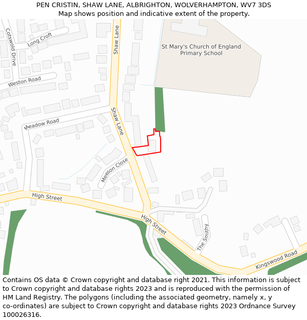 PEN CRISTIN, SHAW LANE, ALBRIGHTON, WOLVERHAMPTON, WV7 3DS: Location map and indicative extent of plot