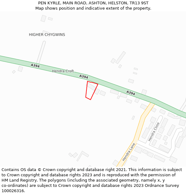 PEN KYRLE, MAIN ROAD, ASHTON, HELSTON, TR13 9ST: Location map and indicative extent of plot