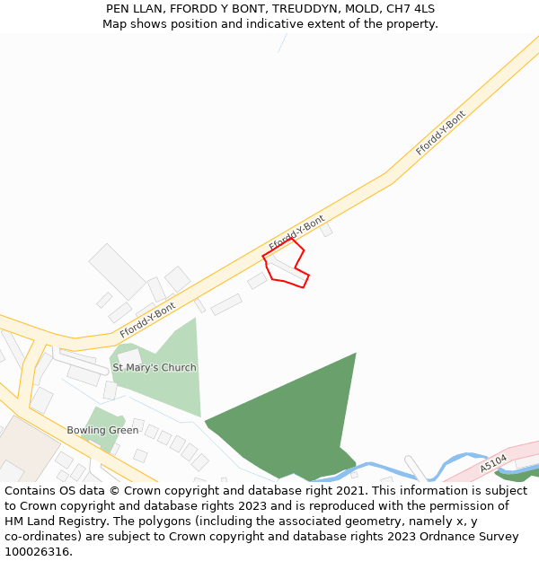 PEN LLAN, FFORDD Y BONT, TREUDDYN, MOLD, CH7 4LS: Location map and indicative extent of plot