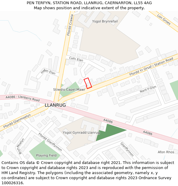 PEN TERFYN, STATION ROAD, LLANRUG, CAERNARFON, LL55 4AG: Location map and indicative extent of plot