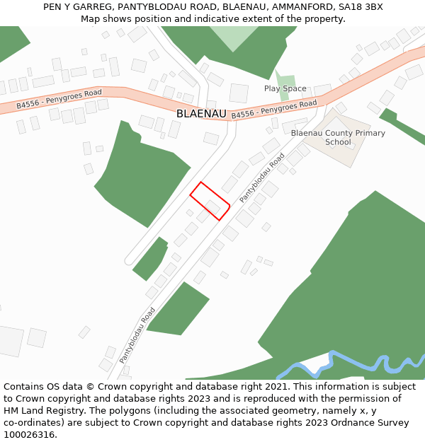 PEN Y GARREG, PANTYBLODAU ROAD, BLAENAU, AMMANFORD, SA18 3BX: Location map and indicative extent of plot