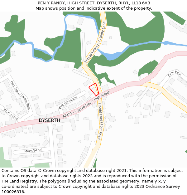 PEN Y PANDY, HIGH STREET, DYSERTH, RHYL, LL18 6AB: Location map and indicative extent of plot