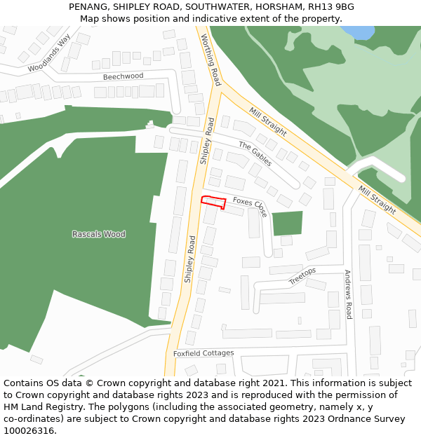 PENANG, SHIPLEY ROAD, SOUTHWATER, HORSHAM, RH13 9BG: Location map and indicative extent of plot