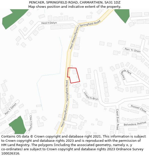 PENCAER, SPRINGFIELD ROAD, CARMARTHEN, SA31 1DZ: Location map and indicative extent of plot