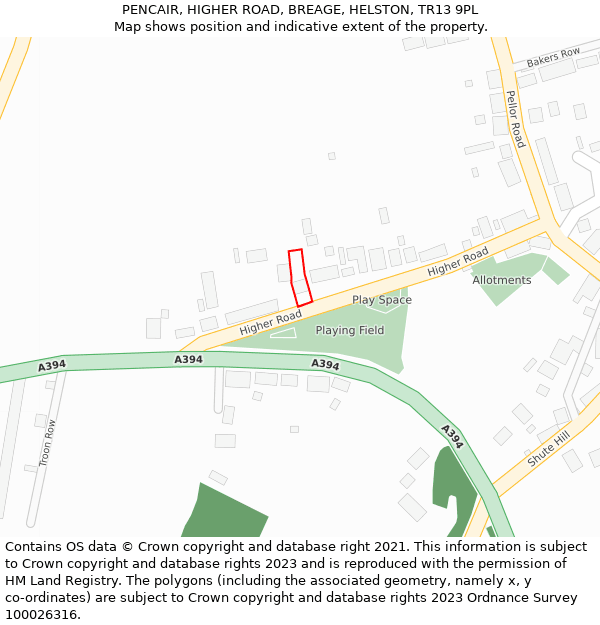 PENCAIR, HIGHER ROAD, BREAGE, HELSTON, TR13 9PL: Location map and indicative extent of plot