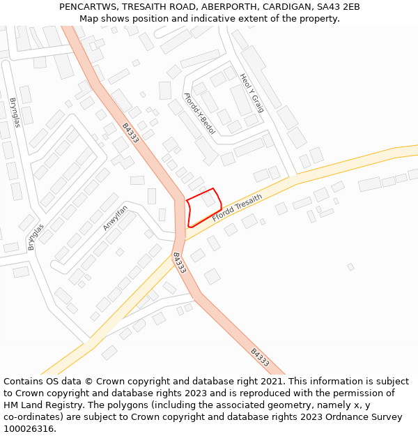 PENCARTWS, TRESAITH ROAD, ABERPORTH, CARDIGAN, SA43 2EB: Location map and indicative extent of plot