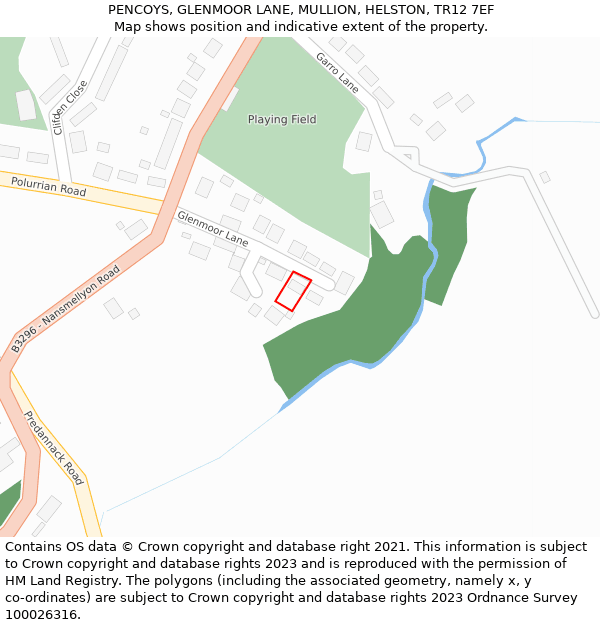 PENCOYS, GLENMOOR LANE, MULLION, HELSTON, TR12 7EF: Location map and indicative extent of plot