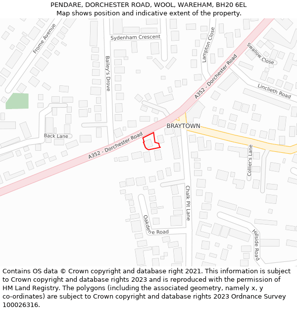 PENDARE, DORCHESTER ROAD, WOOL, WAREHAM, BH20 6EL: Location map and indicative extent of plot
