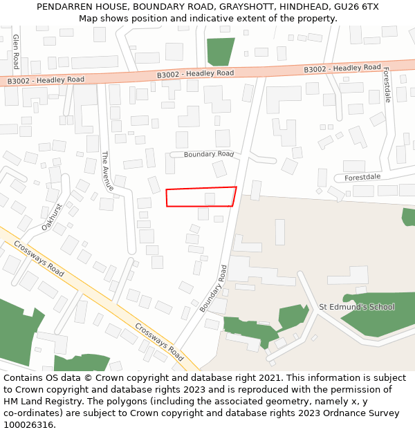 PENDARREN HOUSE, BOUNDARY ROAD, GRAYSHOTT, HINDHEAD, GU26 6TX: Location map and indicative extent of plot