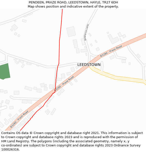 PENDEEN, PRAZE ROAD, LEEDSTOWN, HAYLE, TR27 6DH: Location map and indicative extent of plot