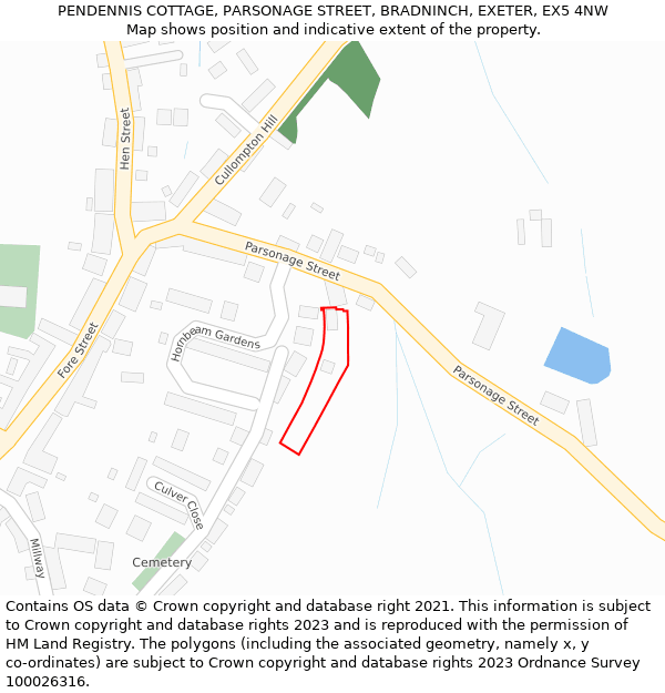 PENDENNIS COTTAGE, PARSONAGE STREET, BRADNINCH, EXETER, EX5 4NW: Location map and indicative extent of plot