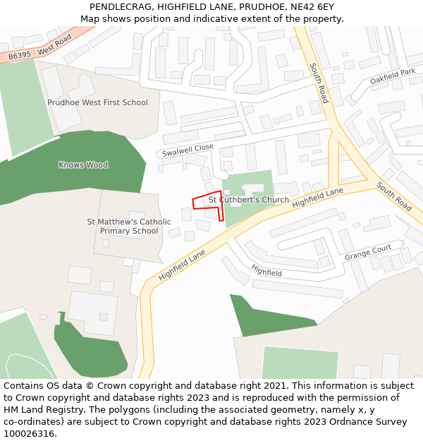 PENDLECRAG, HIGHFIELD LANE, PRUDHOE, NE42 6EY: Location map and indicative extent of plot