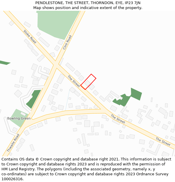 PENDLESTONE, THE STREET, THORNDON, EYE, IP23 7JN: Location map and indicative extent of plot