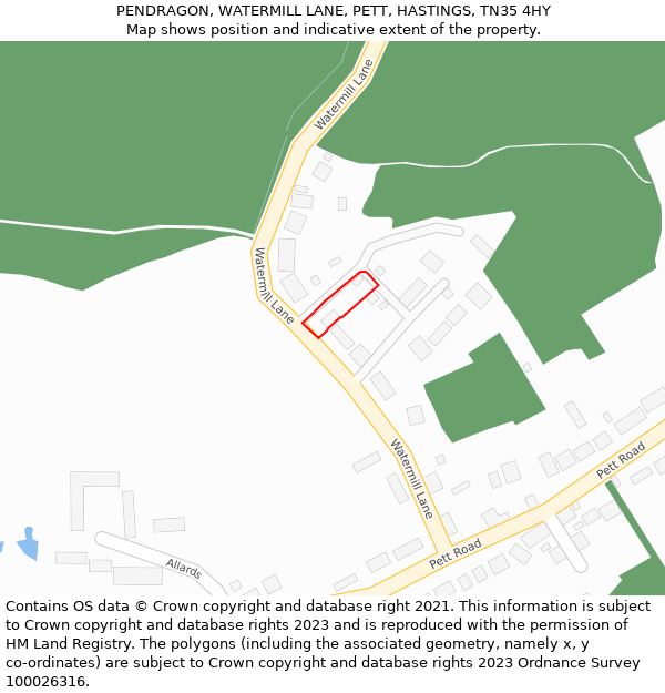 PENDRAGON, WATERMILL LANE, PETT, HASTINGS, TN35 4HY: Location map and indicative extent of plot