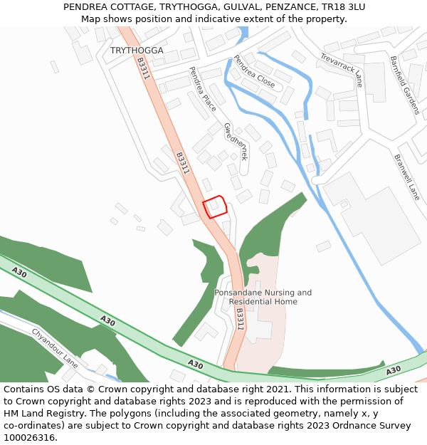 PENDREA COTTAGE, TRYTHOGGA, GULVAL, PENZANCE, TR18 3LU: Location map and indicative extent of plot