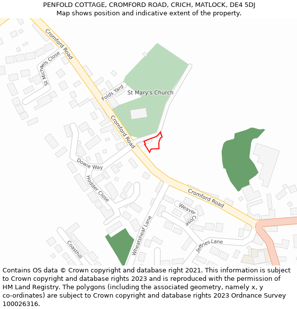 PENFOLD COTTAGE, CROMFORD ROAD, CRICH, MATLOCK, DE4 5DJ: Location map and indicative extent of plot
