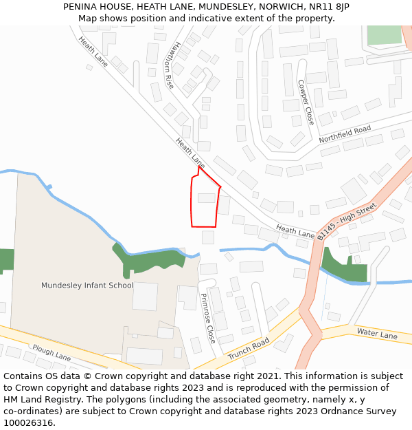 PENINA HOUSE, HEATH LANE, MUNDESLEY, NORWICH, NR11 8JP: Location map and indicative extent of plot