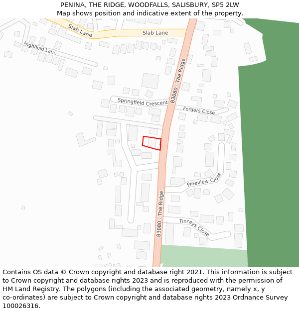 PENINA, THE RIDGE, WOODFALLS, SALISBURY, SP5 2LW: Location map and indicative extent of plot