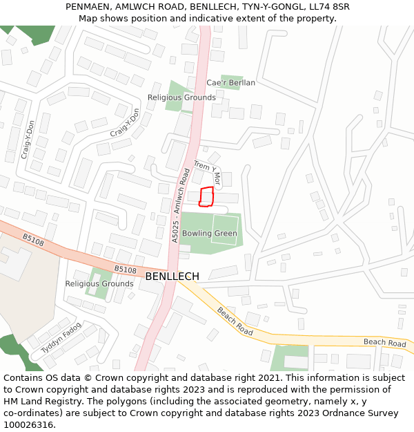 PENMAEN, AMLWCH ROAD, BENLLECH, TYN-Y-GONGL, LL74 8SR: Location map and indicative extent of plot