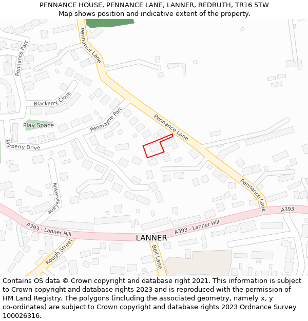 PENNANCE HOUSE, PENNANCE LANE, LANNER, REDRUTH, TR16 5TW: Location map and indicative extent of plot