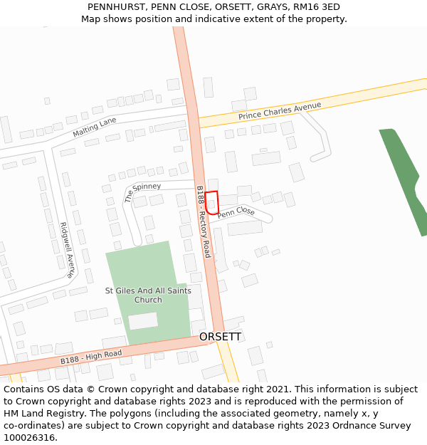 PENNHURST, PENN CLOSE, ORSETT, GRAYS, RM16 3ED: Location map and indicative extent of plot