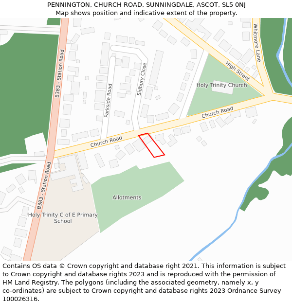 PENNINGTON, CHURCH ROAD, SUNNINGDALE, ASCOT, SL5 0NJ: Location map and indicative extent of plot