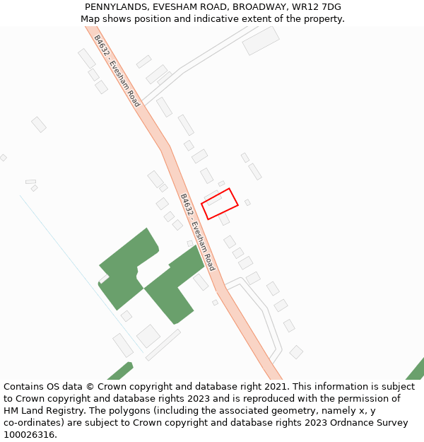 PENNYLANDS, EVESHAM ROAD, BROADWAY, WR12 7DG: Location map and indicative extent of plot