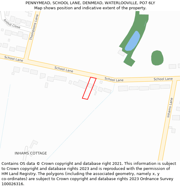 PENNYMEAD, SCHOOL LANE, DENMEAD, WATERLOOVILLE, PO7 6LY: Location map and indicative extent of plot