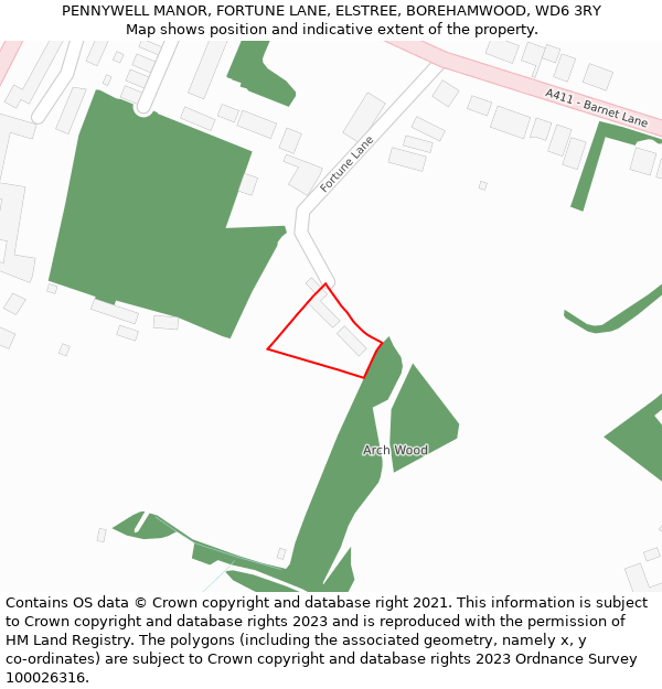 PENNYWELL MANOR, FORTUNE LANE, ELSTREE, BOREHAMWOOD, WD6 3RY: Location map and indicative extent of plot