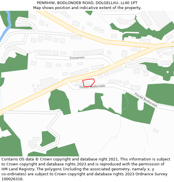 PENRHIW, BODLONDEB ROAD, DOLGELLAU, LL40 1PT: Location map and indicative extent of plot