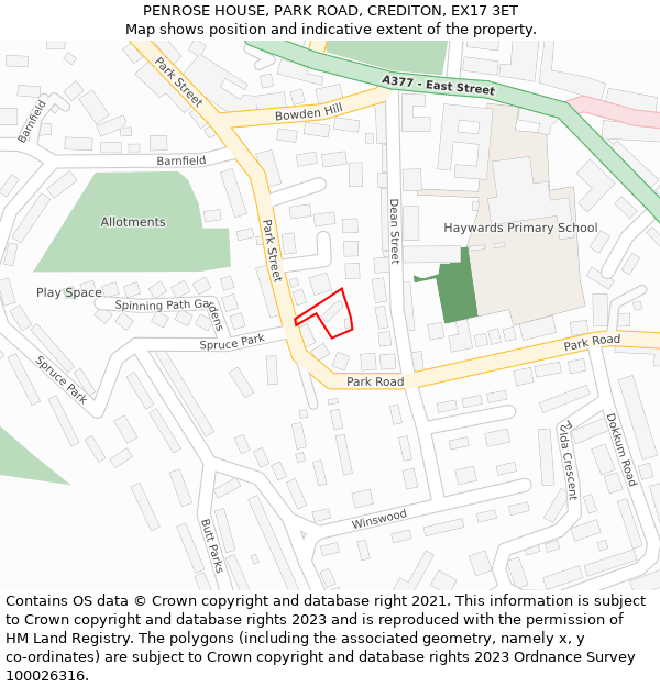 PENROSE HOUSE, PARK ROAD, CREDITON, EX17 3ET: Location map and indicative extent of plot