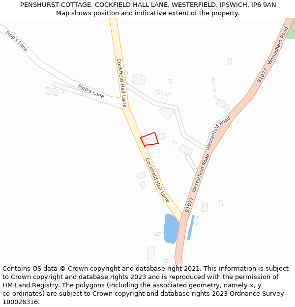 PENSHURST COTTAGE, COCKFIELD HALL LANE, WESTERFIELD, IPSWICH, IP6 9AN: Location map and indicative extent of plot