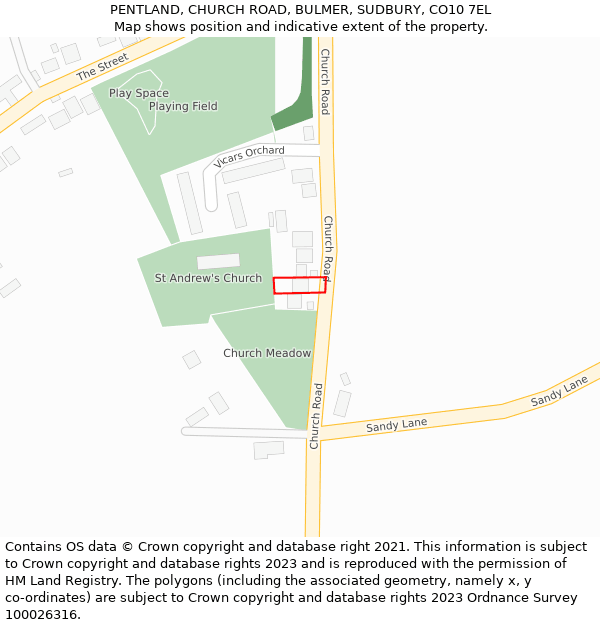 PENTLAND, CHURCH ROAD, BULMER, SUDBURY, CO10 7EL: Location map and indicative extent of plot