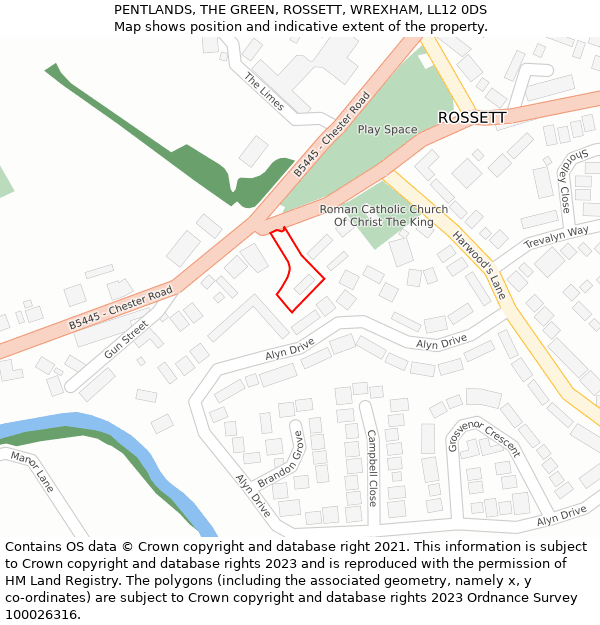 PENTLANDS, THE GREEN, ROSSETT, WREXHAM, LL12 0DS: Location map and indicative extent of plot