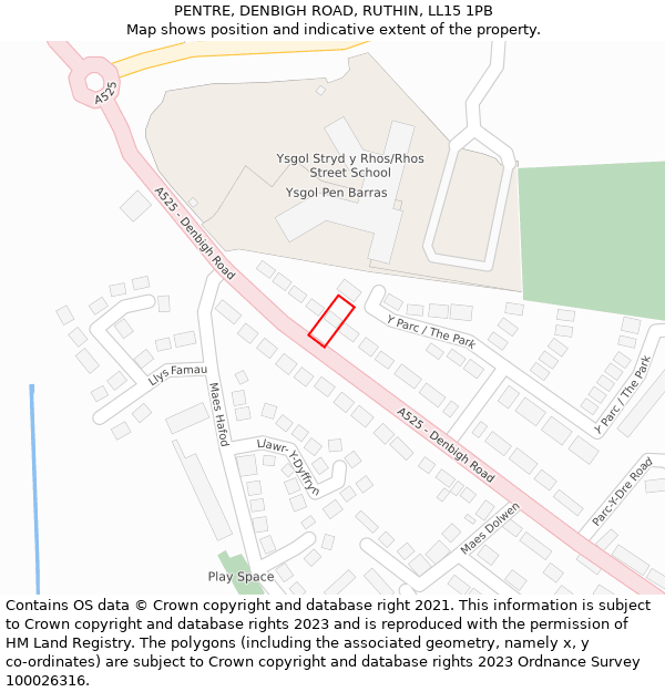 PENTRE, DENBIGH ROAD, RUTHIN, LL15 1PB: Location map and indicative extent of plot