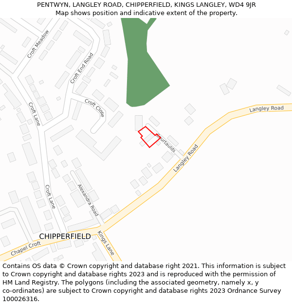 PENTWYN, LANGLEY ROAD, CHIPPERFIELD, KINGS LANGLEY, WD4 9JR: Location map and indicative extent of plot