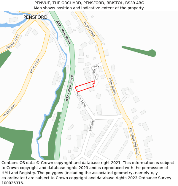 PENVUE, THE ORCHARD, PENSFORD, BRISTOL, BS39 4BG: Location map and indicative extent of plot